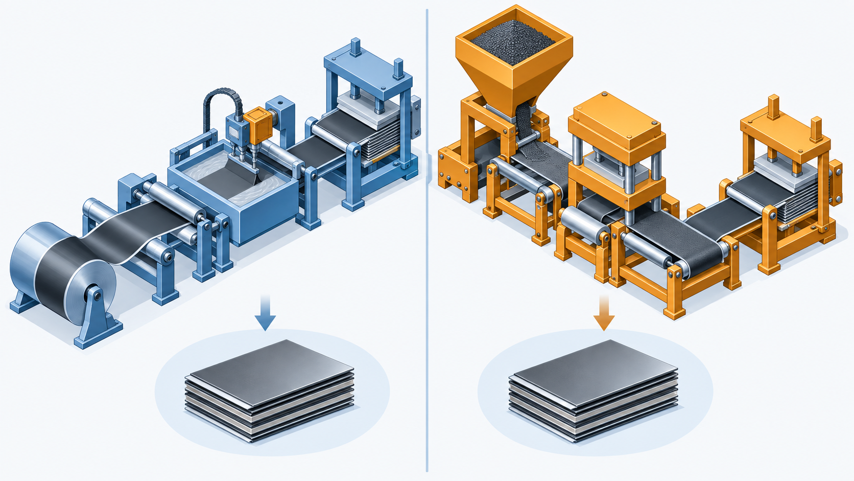 Conceptual illustration: A battery that can use the existing battery line and a battery that requires a dedicated process, two systems