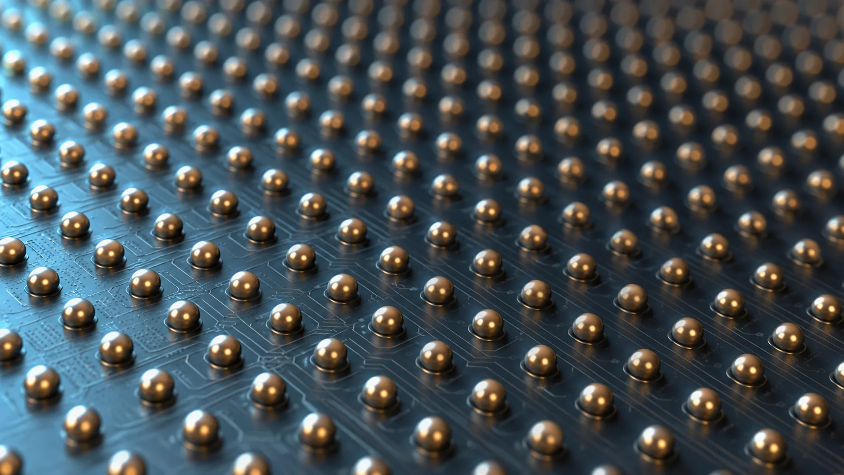 Conceptual image of a semiconductor die held circuit side down above a substrate, showing the face covered with bumps