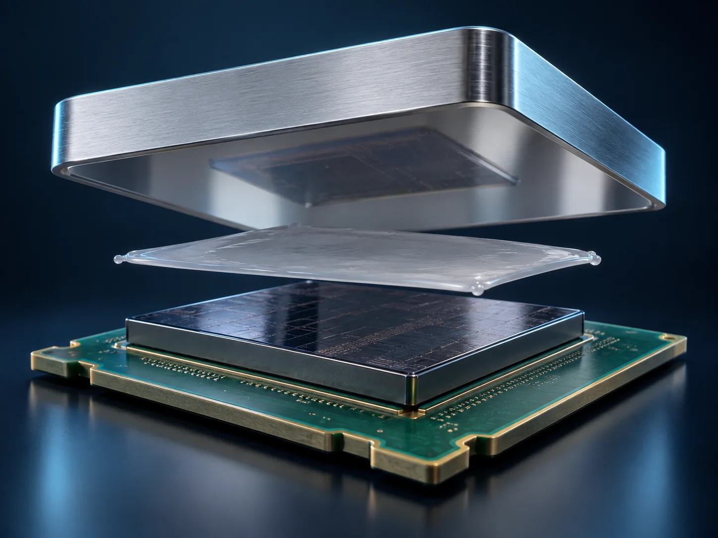 Conceptual image of a metal lid covering the top of a semiconductor package, with a thin thermal interface material spread between the lid and the die below