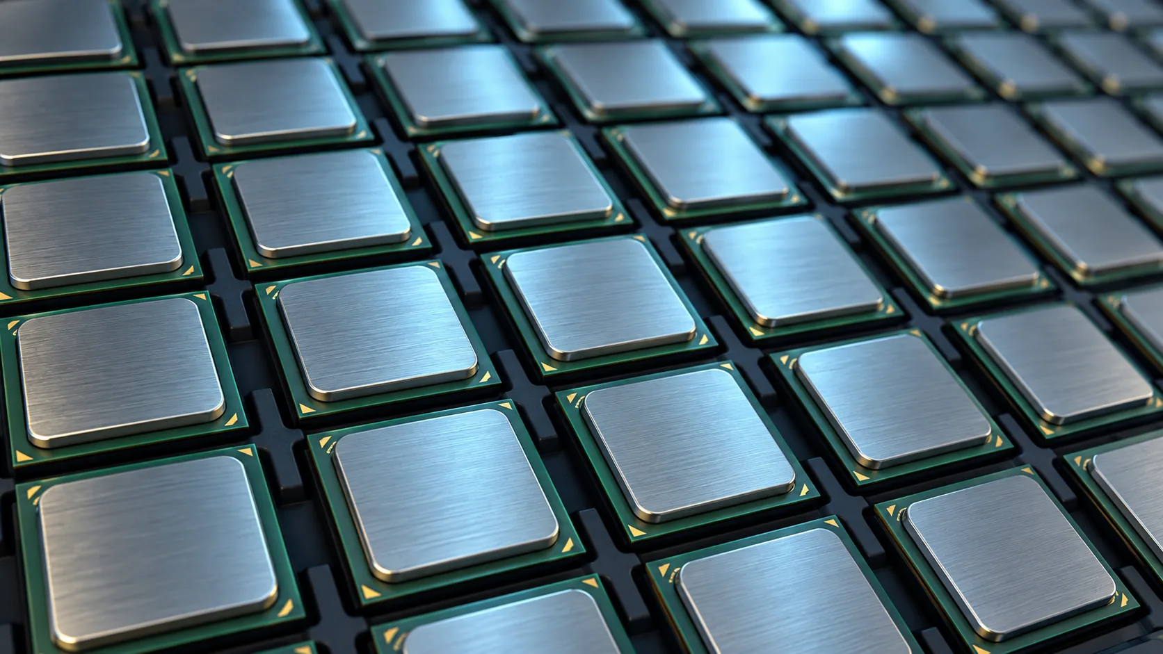 Conceptual image of square packages with metal lids arranged in a regular pattern on a green board