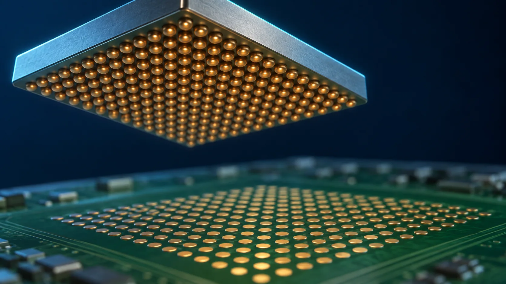 Conceptual image of a semiconductor die turned upside down, descending onto a substrate with its bumps facing downward