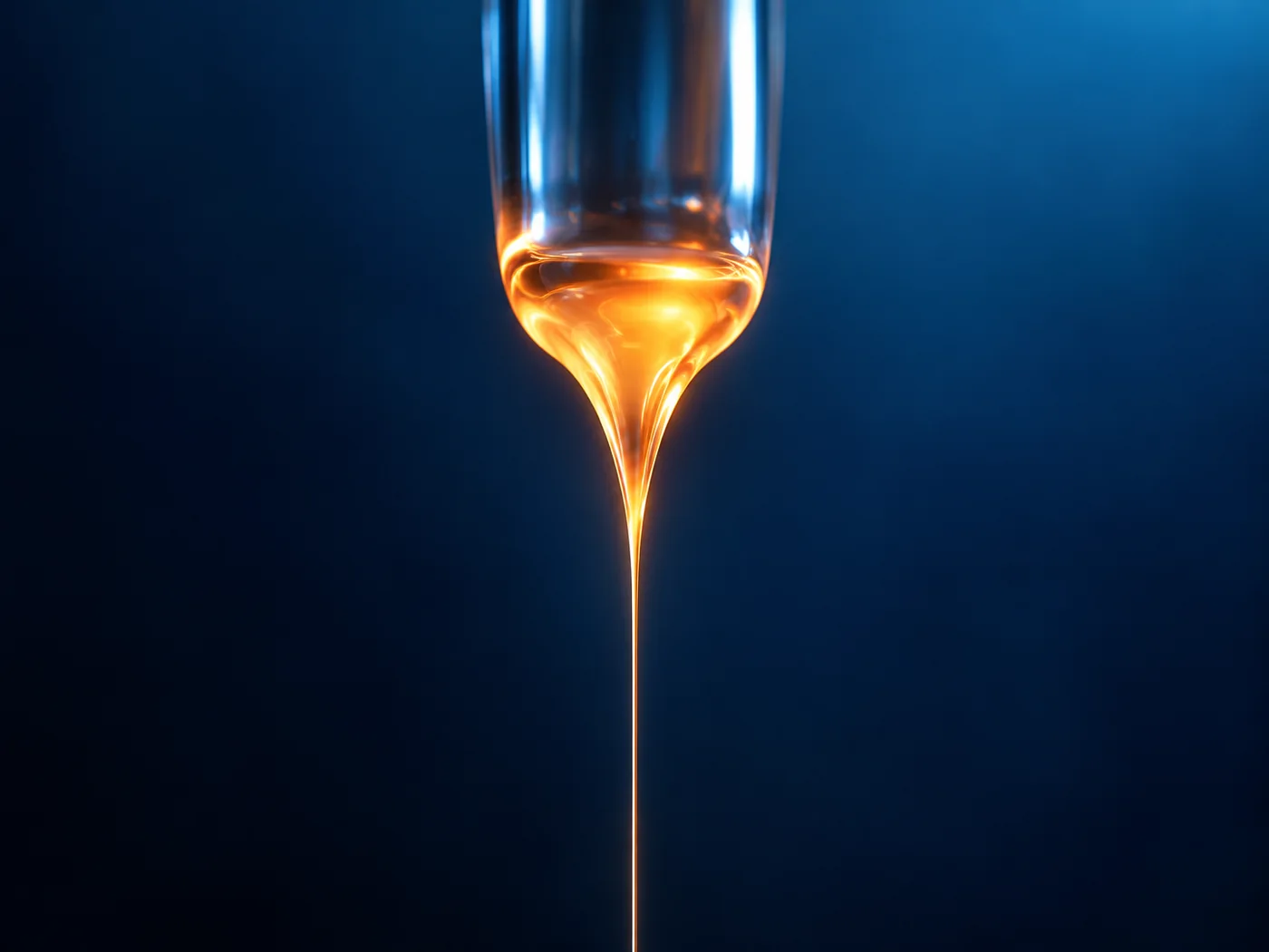 Conceptual image of the tip of a thick transparent glass rod glowing soft orange-red against a dark background, with an extremely fine thread extending downward from it
