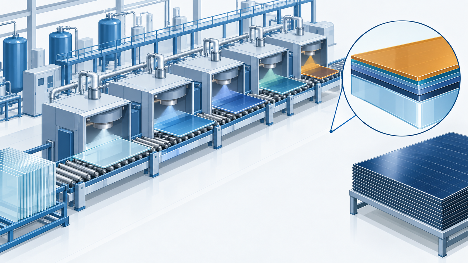 Concept diagram: a large thin-film production line depositing different thin films one after another on glass substrates, with a new thin layer being added on top
