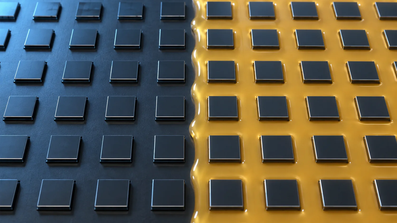 Conceptual image of resin flowing into the gaps between evenly spaced square dies on a carrier until they form a single board