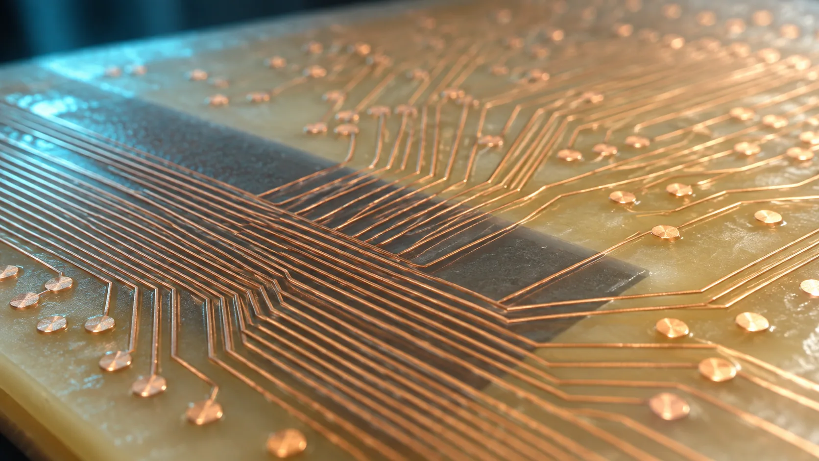 Close-up conceptual image of fine copper traces running densely across a resin surface and spreading out beyond the die