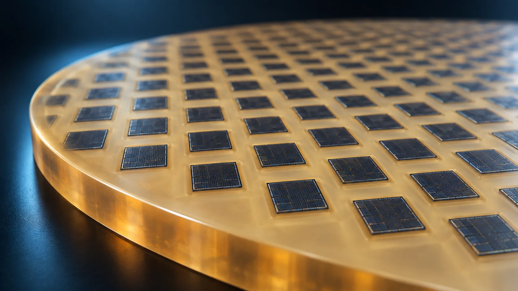 Conceptual image of square dies spaced evenly across a round plate, with the gaps between them filled by resin