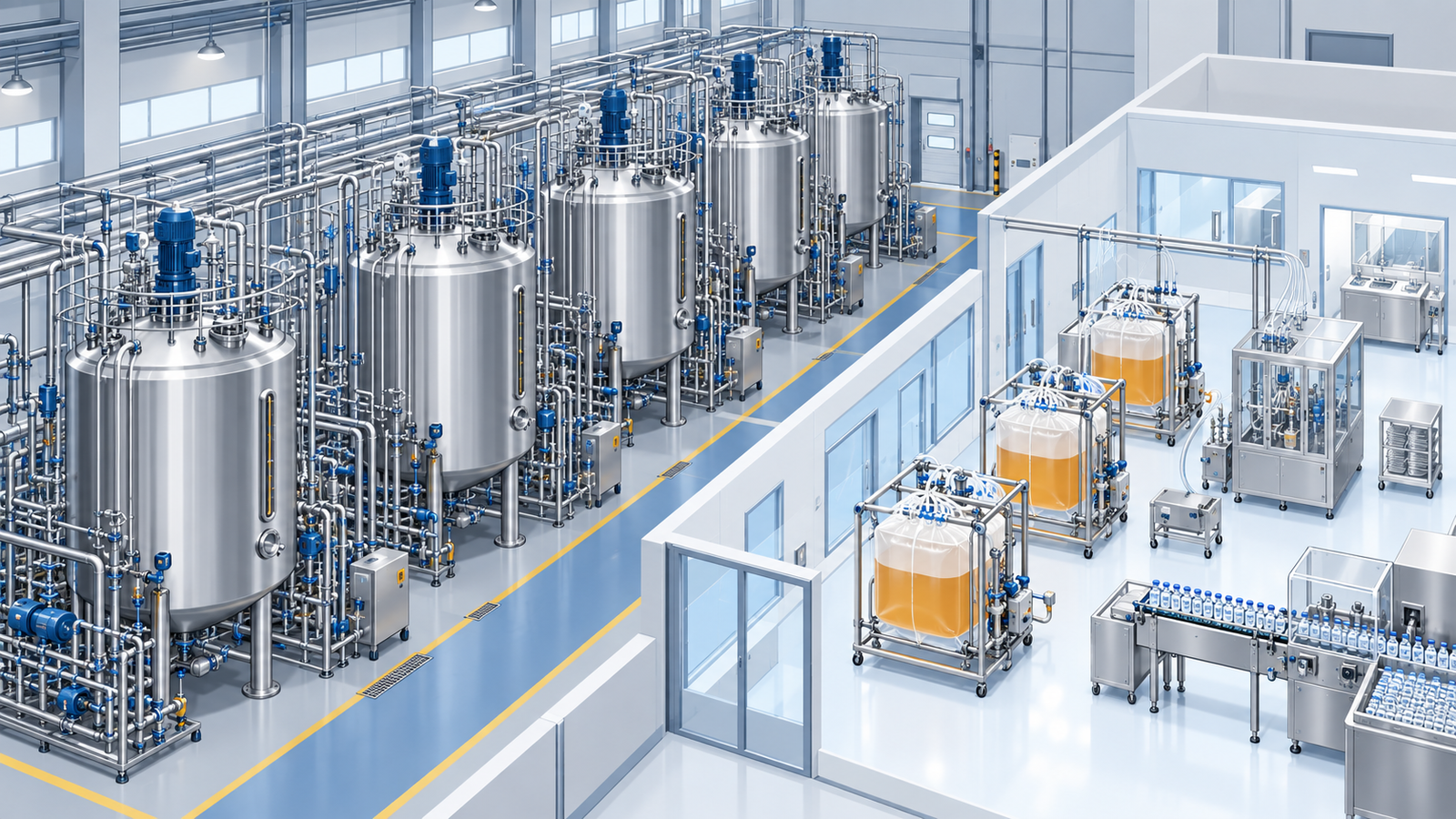 Concept diagram: a contract manufacturing plant with rows of large stainless-steel culture tanks alongside small and mid-sized single-use culture bags