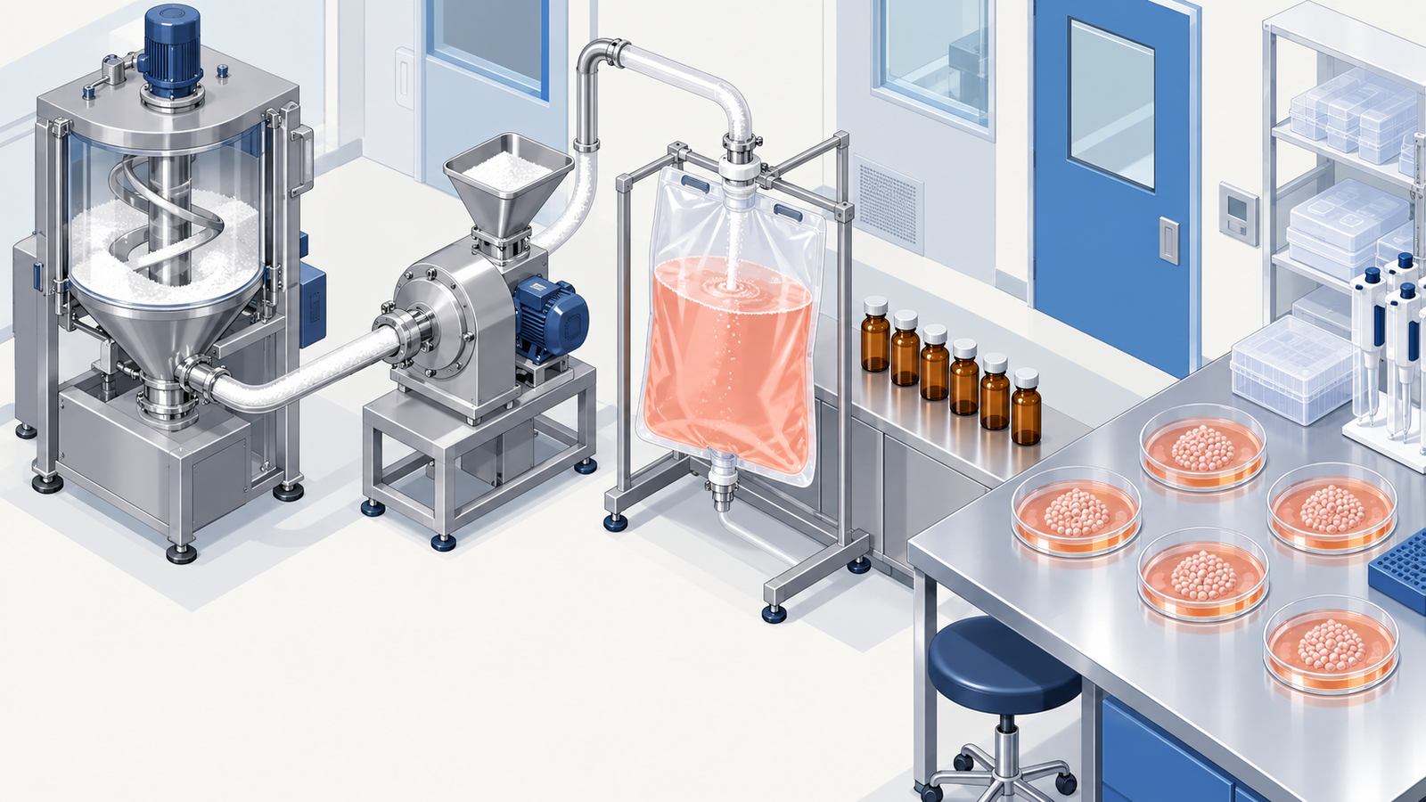 Concept diagram: media made by blending powders evenly in a chemical plant, and vials of additive reaching iPS cell culture dishes