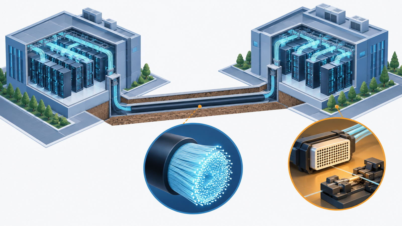 Concept diagram: thin high-fibre-count optical cables connecting the inside and outside of data-centre buildings and linking the buildings to each other