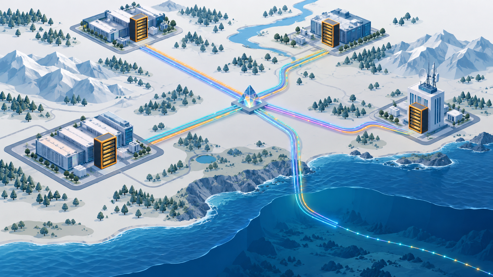 Concept diagram: several distant data centres and telecom buildings linked by an optical network that carries signals as light