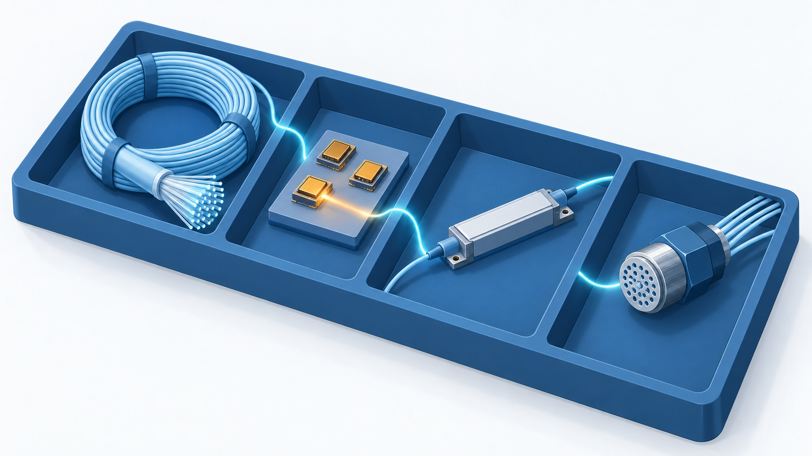 Concept diagram: optical fibre cable, small laser chips, optical modulators and multi-fibre connectors laid out inside one company like a box of parts