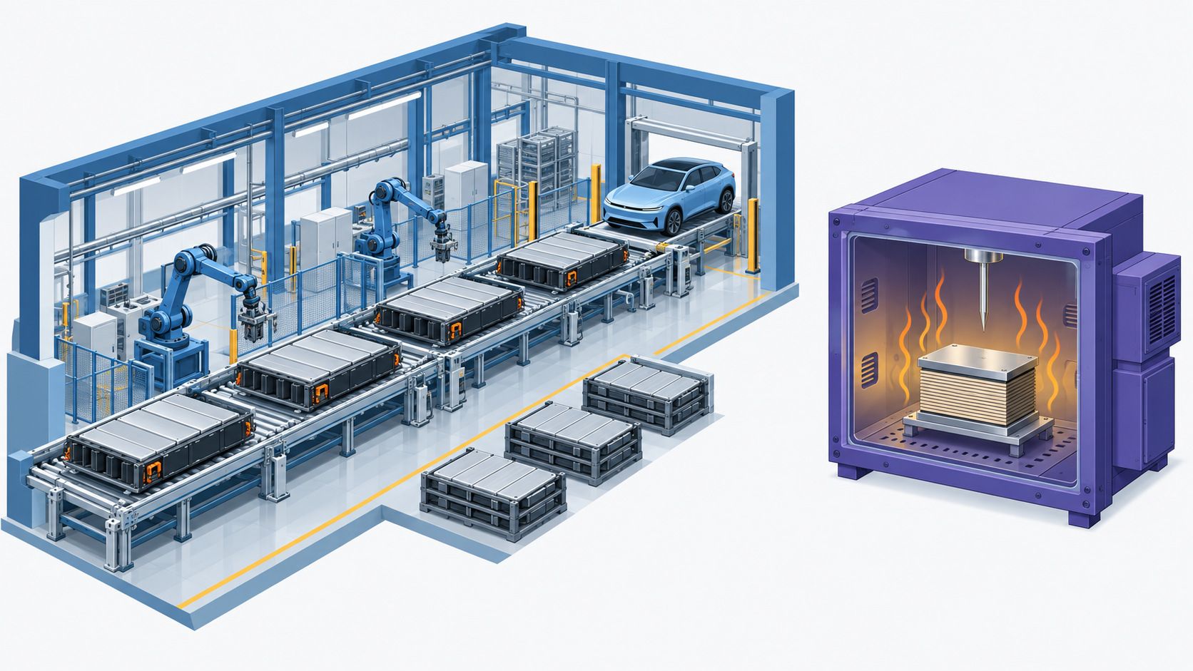 Conceptual diagram: An automotive manufacturer producing liquid battery systems while simultaneously researching cell designs that do not contain liquid in parallel layers.