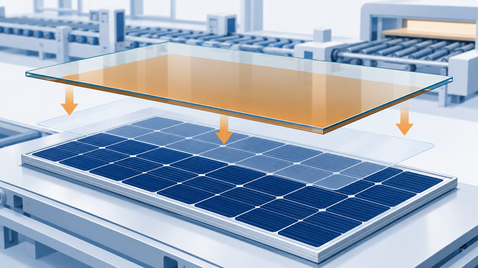 Concept diagram: a glass sheet carrying a perovskite layer being bonded on top of a silicon cell