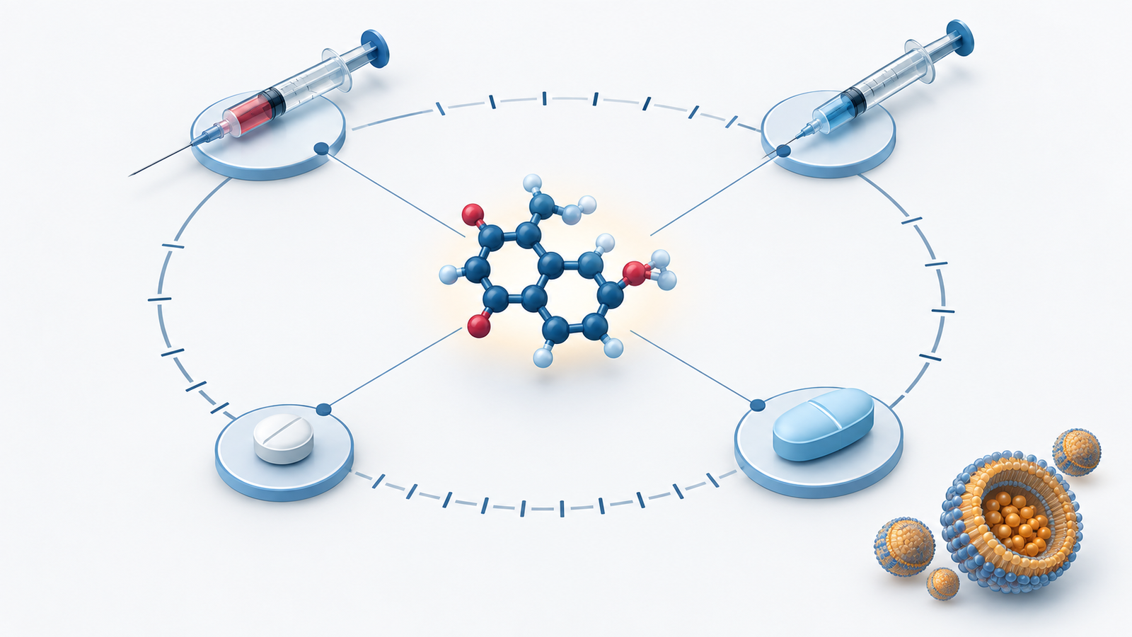 Conceptual diagram: A structure that expands one long-acting molecule into a product with different dosage intervals such as injections twice a year, daily tablets, and tablets once a week.