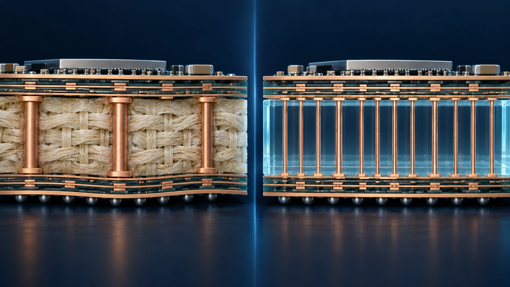 Conceptual illustration of Cross-section comparison of an organic core and a glass core substrate