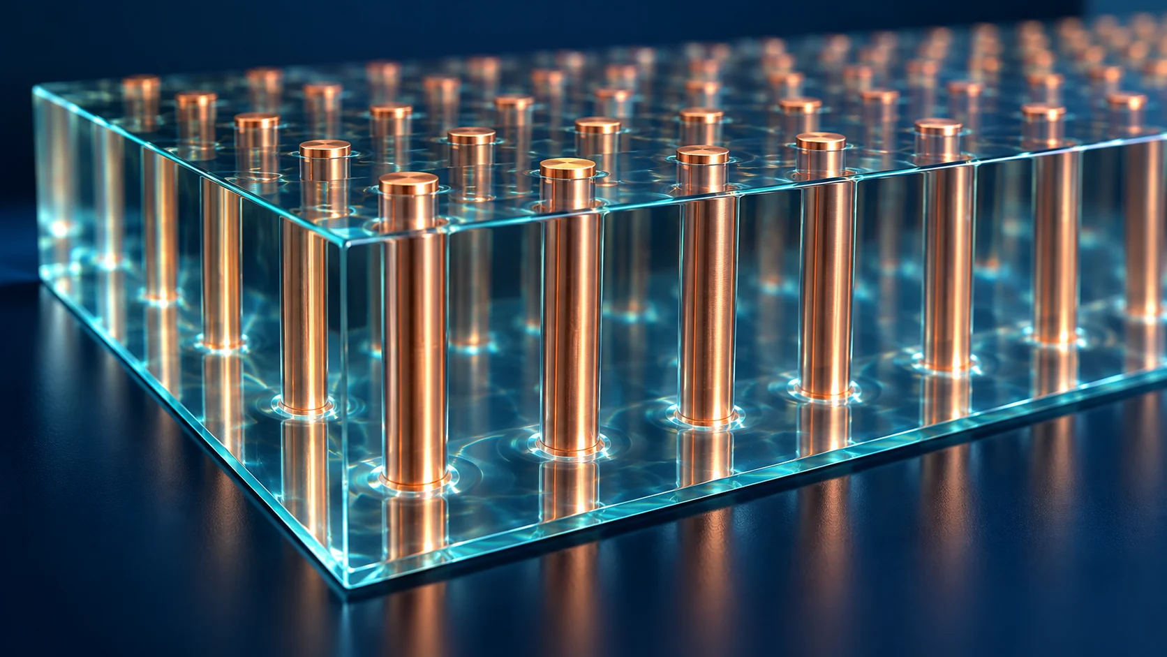 Macro-scale conceptual image of many fine copper pillars standing in a regular array through a transparent glass plate