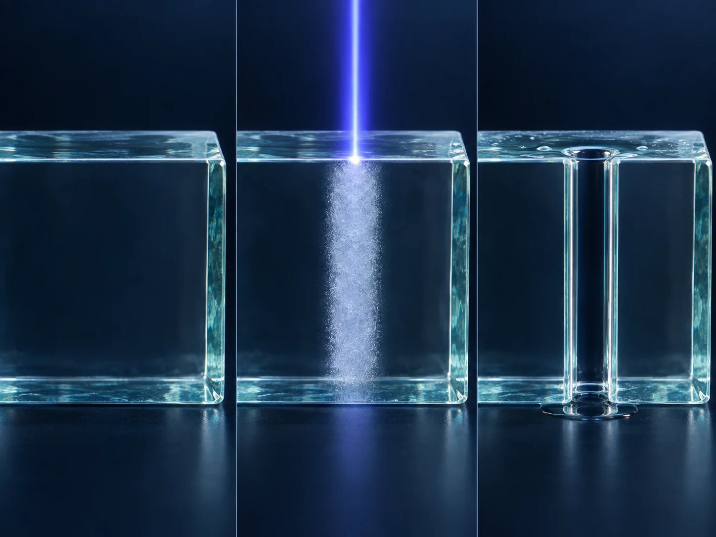 Conceptual image showing a laser forming a column of modified glass inside the plate, with only that column dissolving in the etchant to leave a through-hole