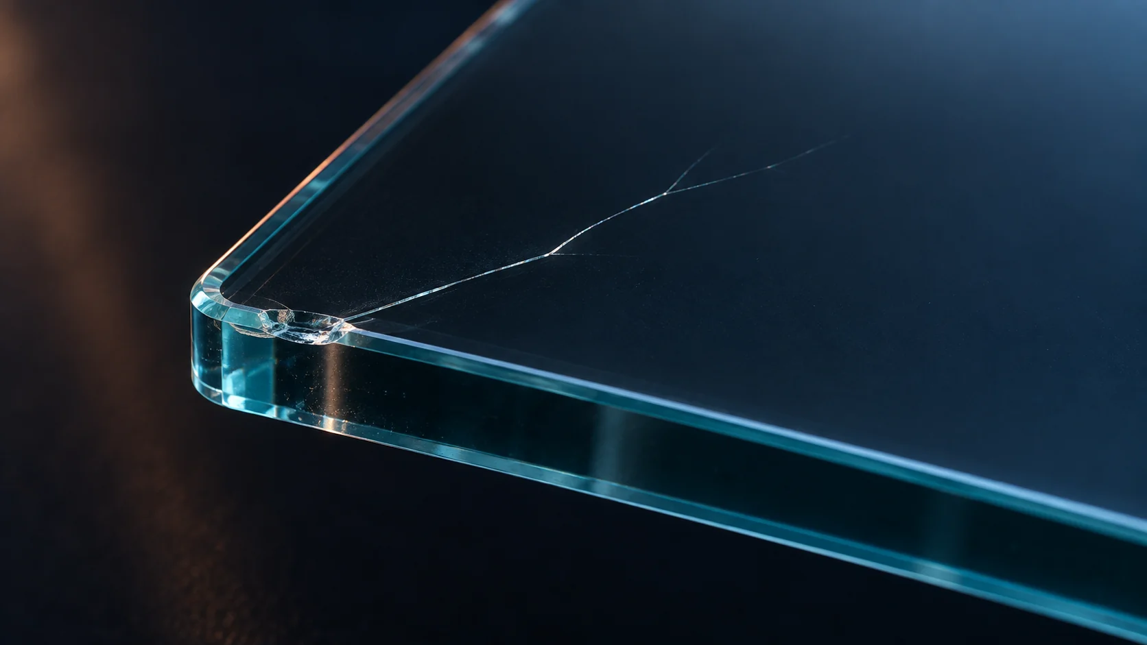 Conceptual image of a crack growing inward from a tiny chip at the edge of a glass plate