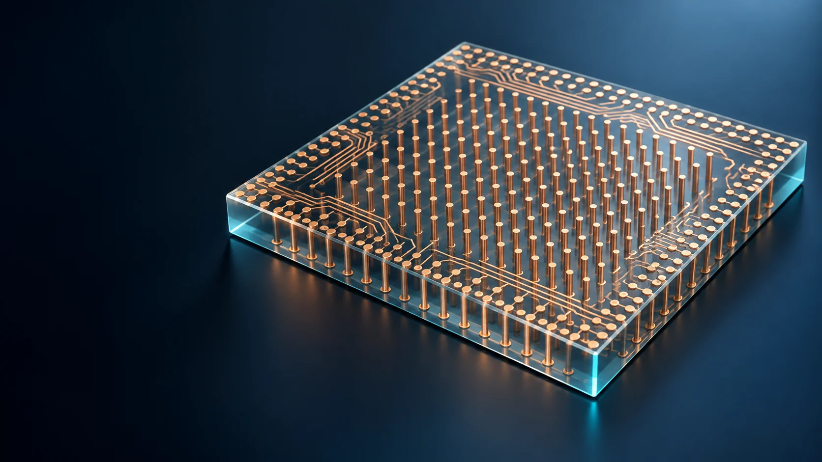 Conceptual image of a transparent glass plate carrying a regular array of fine through-electrodes with copper wiring formed on its surface
