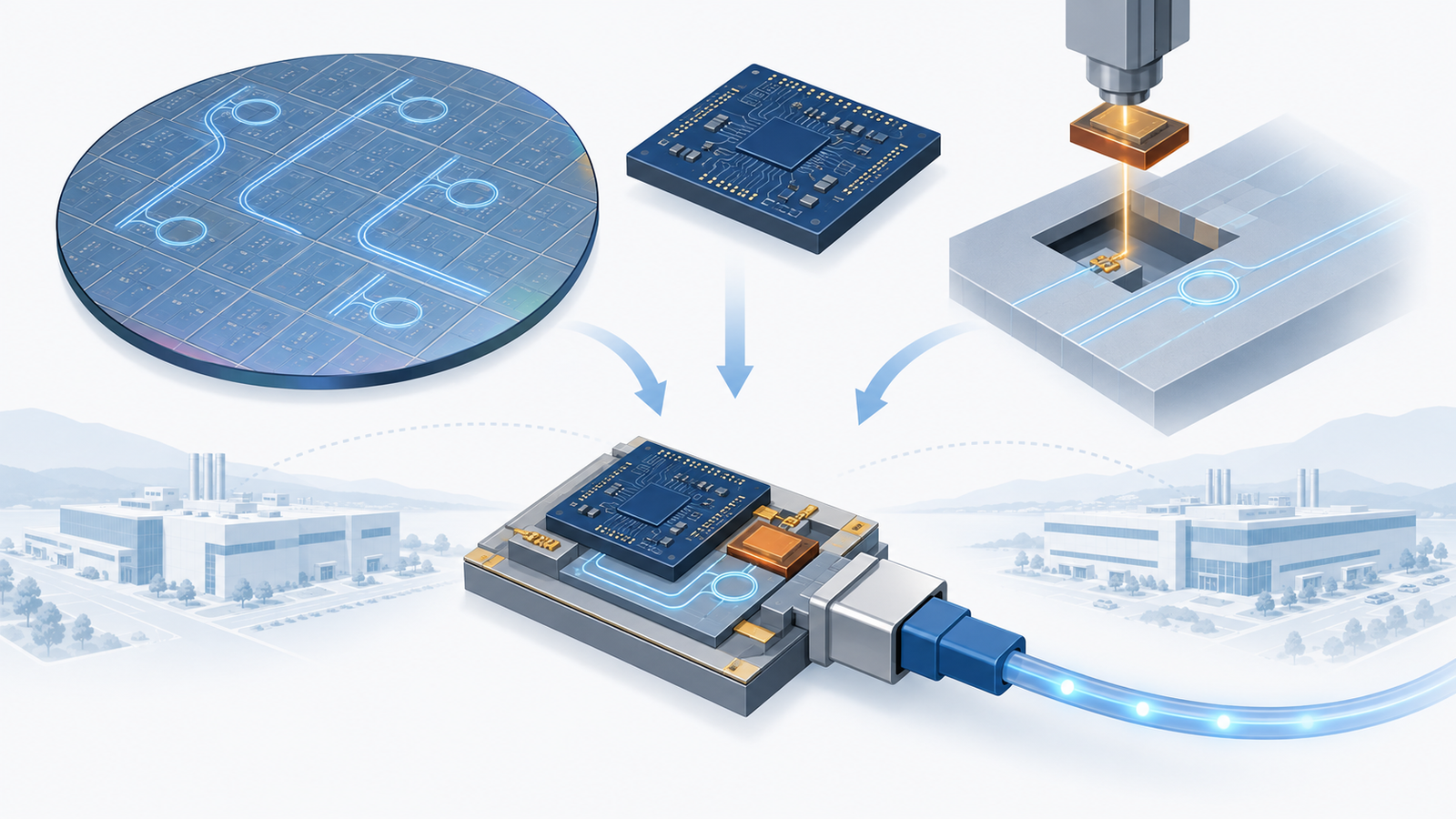 Concept diagram: silicon photonic chips, electronic chips and compound-semiconductor lasers being brought together inside a single fab