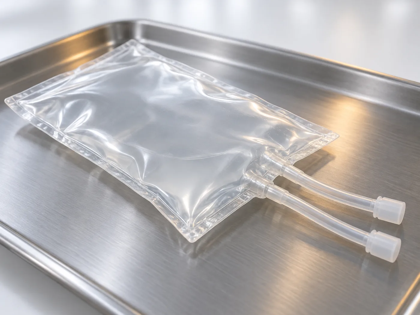 Conceptual image of plain, soft sealed bags joined by clear tubing, resting on a stainless steel bench