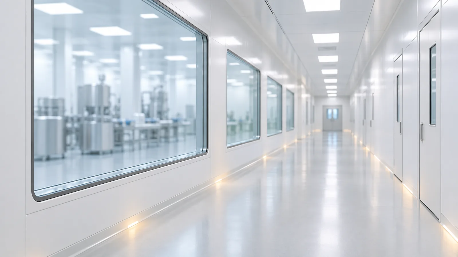 Conceptual image of an empty corridor in a clean manufacturing area, with white walls and floor and a room visible through a window at the far end