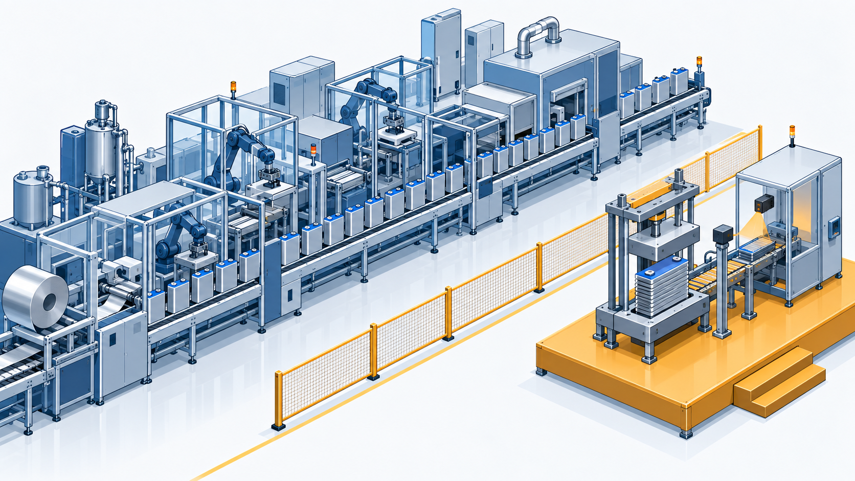 Conceptual illustration: Contrast between the battery flowing through the production line and the small prototype line placed next to it.
