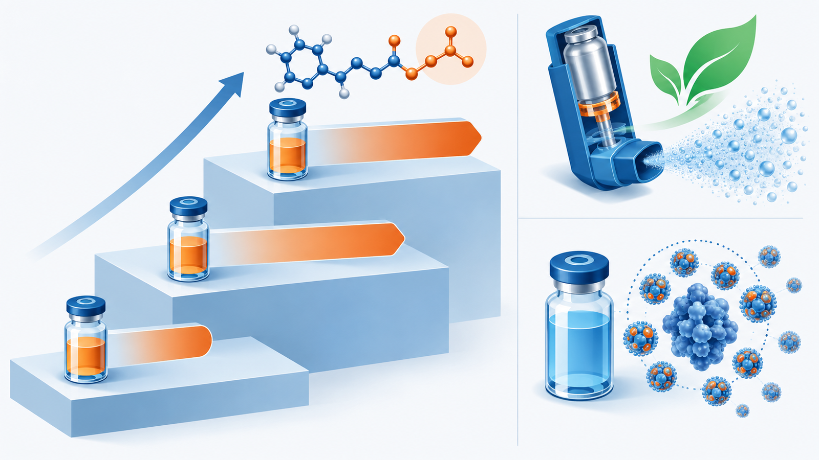 Concept diagram: Ajuvant spraying agent that changes the effect by material and the stairs that effect long as "2 months → 4 months → 6 months" by chemical modification with the same active ingredients