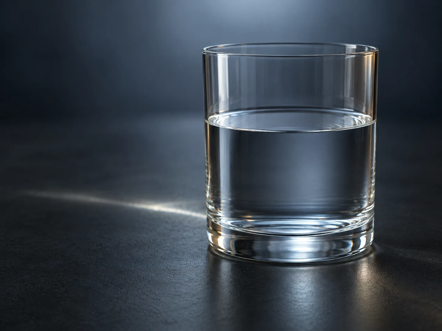 Conceptual image of a plain glass vessel of clear colourless liquid on a dark surface