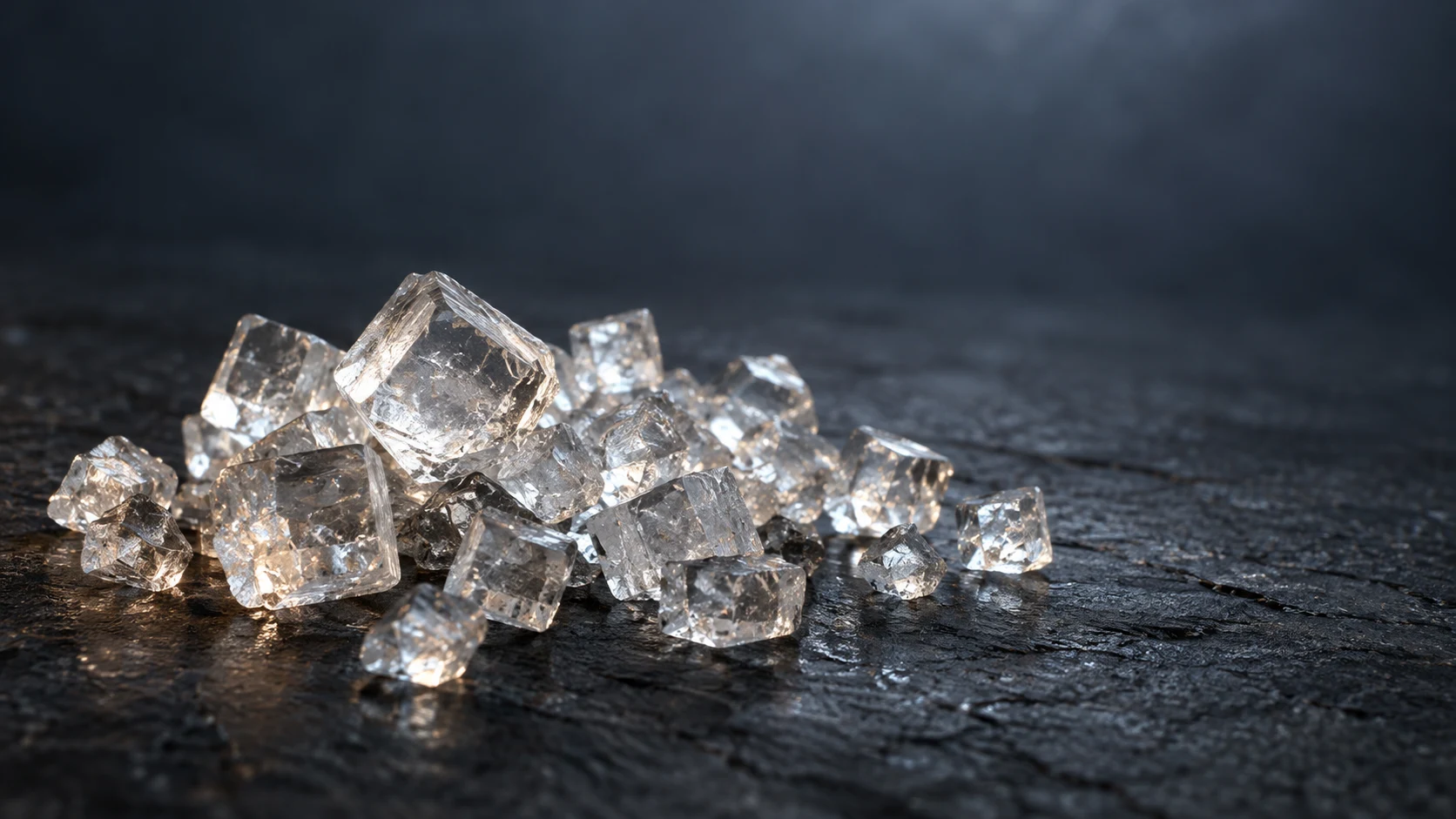 Conceptual image of a small heap of coarse translucent crystals gathered on a dark surface