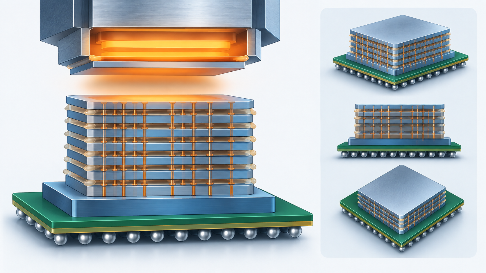 Concept diagram of a bond head pressing down on a stack of memory dies from above (AI-generated concept image)