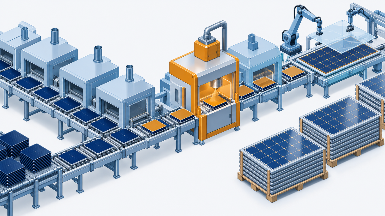 Concept diagram: a process step that deposits a thin perovskite layer being added on top of an existing silicon cell volume production line