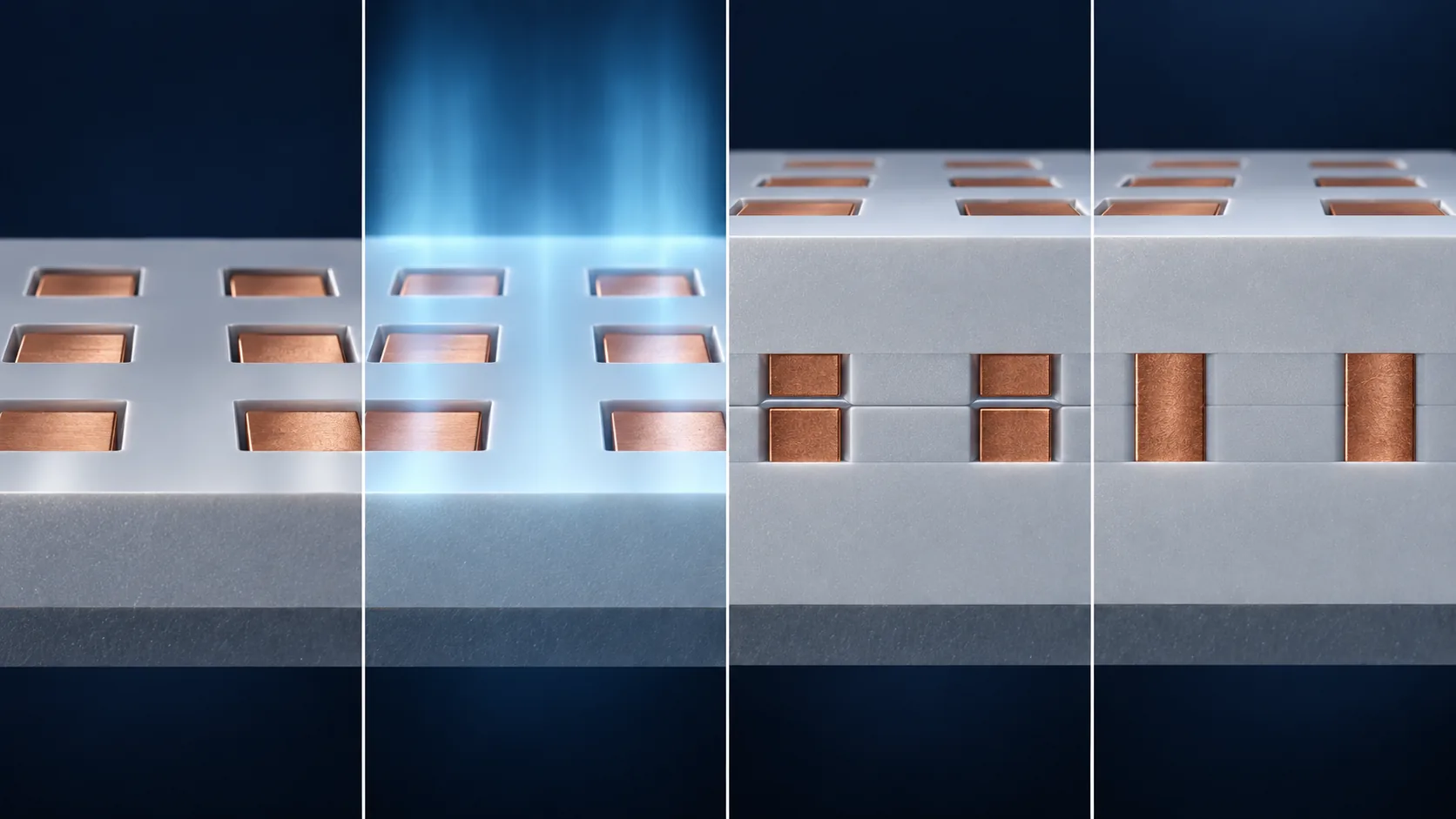 Conceptual illustration of The four steps of hybrid bonding