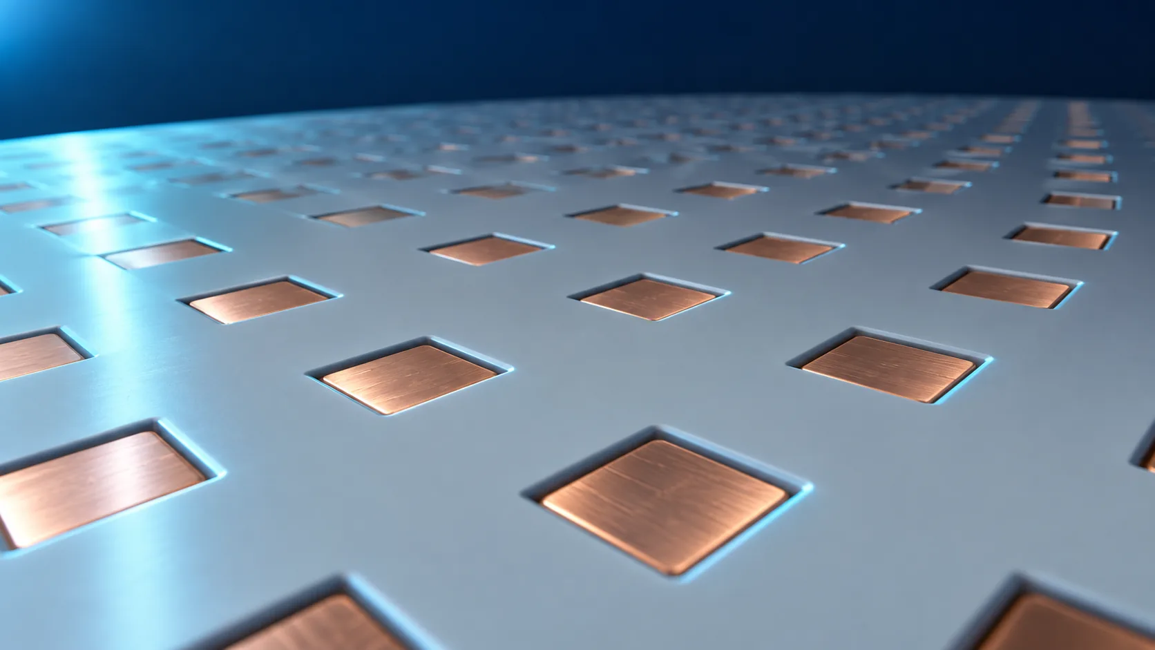 Macro image of a mirror-polished dielectric surface with rows of copper pads whose tops sit very slightly lower than the surrounding film