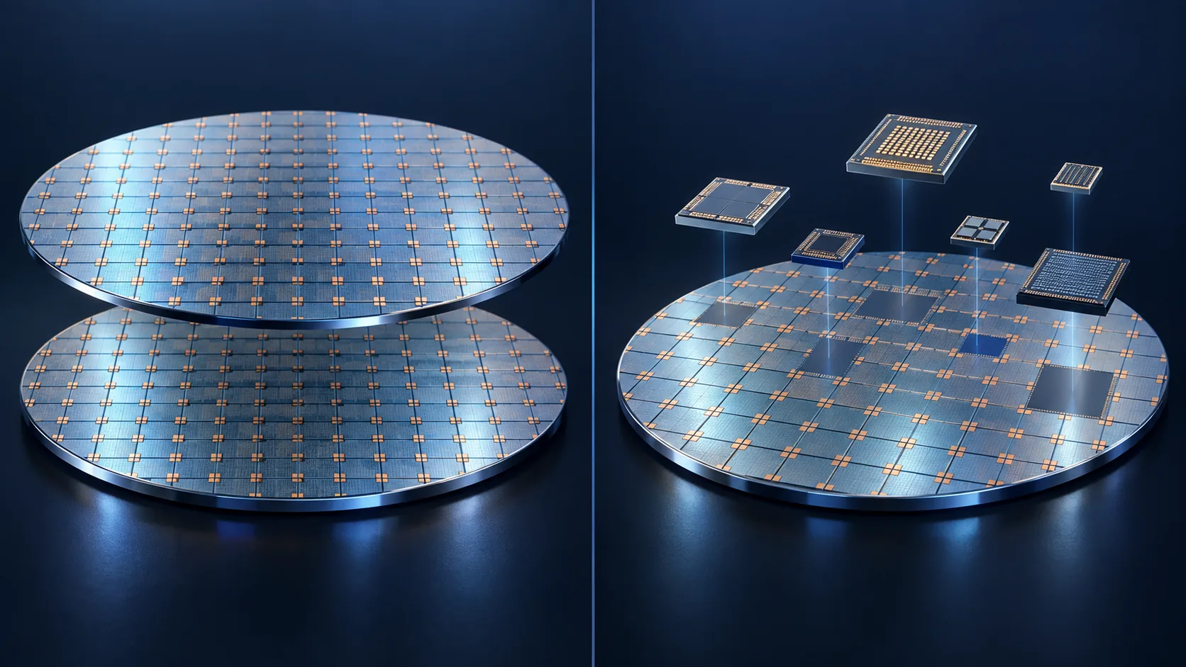 Conceptual image contrasting whole wafers bonded face to face on the left with selected individual dies placed onto a wafer on the right