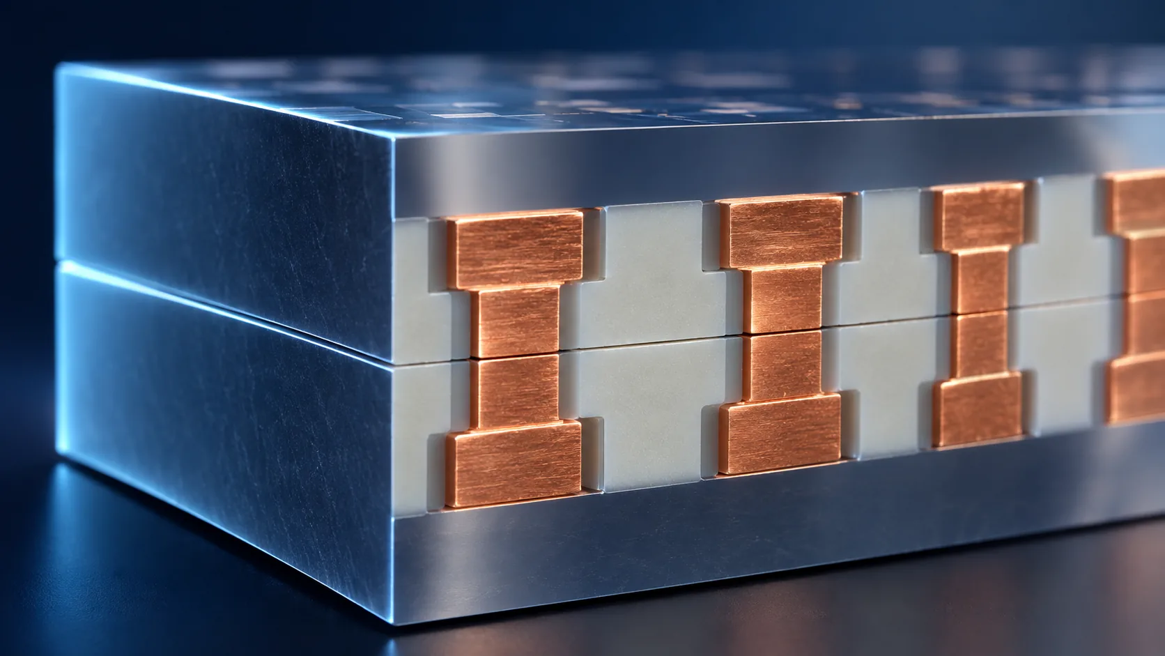 Conceptual image of two silicon dies pressed together with no gap, their copper pads meeting directly across the interface