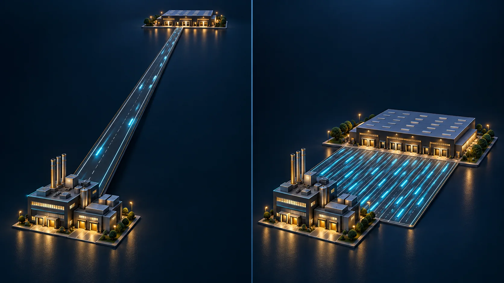 Illustration comparing a long narrow two-lane road to a distant warehouse with an extremely short very wide multi-lane road to an adjacent one