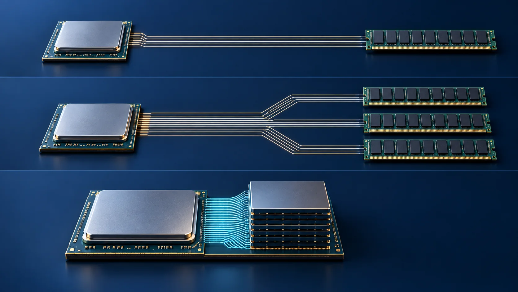 Conceptual illustration of Schematic comparison of wire count and distance for DDR5, GDDR7 and HBM4