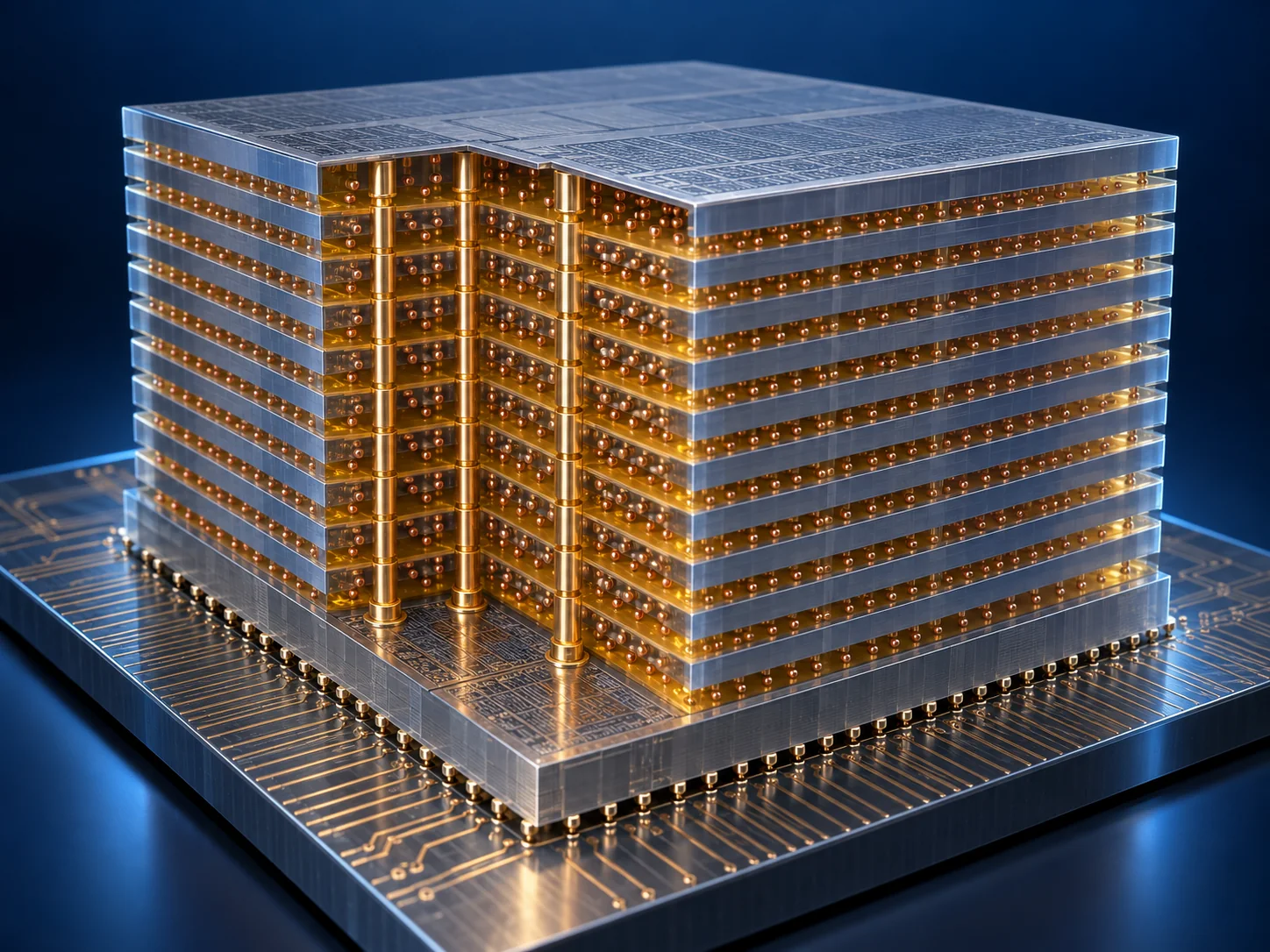 Conceptual image of an HBM stack in which thin DRAM dies are piled in many layers, the gaps filled with resin and gold through-electrodes running vertically