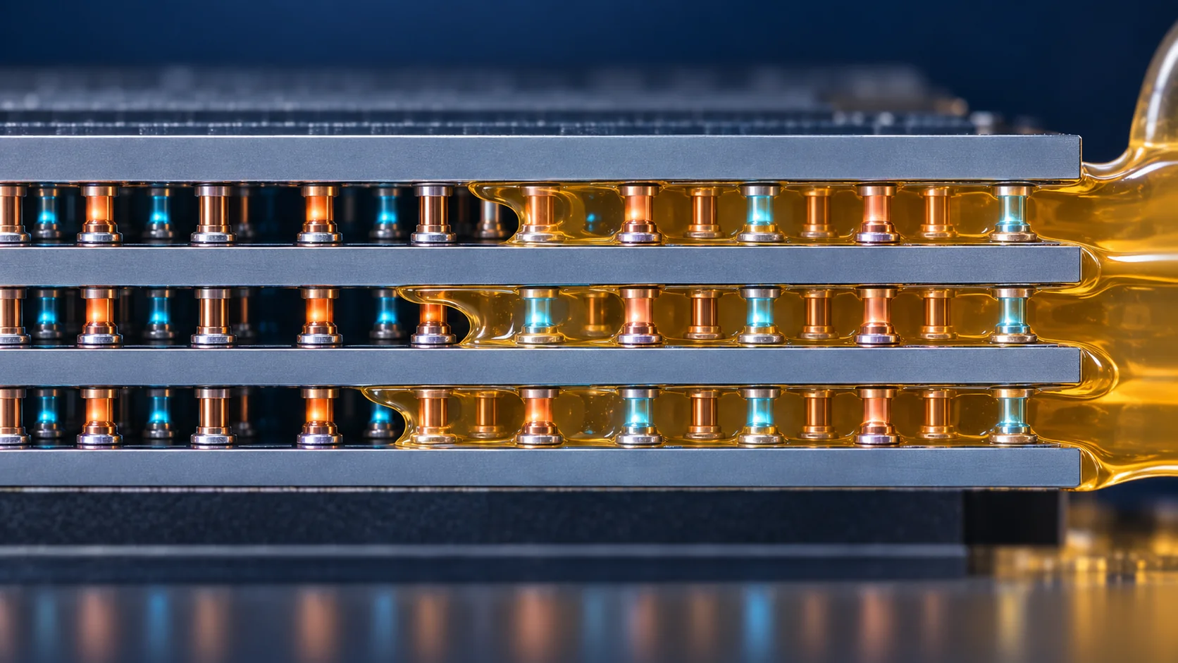 Macro image of amber encapsulating resin flowing into the gap between extremely thin silicon dies and surrounding the copper pillars