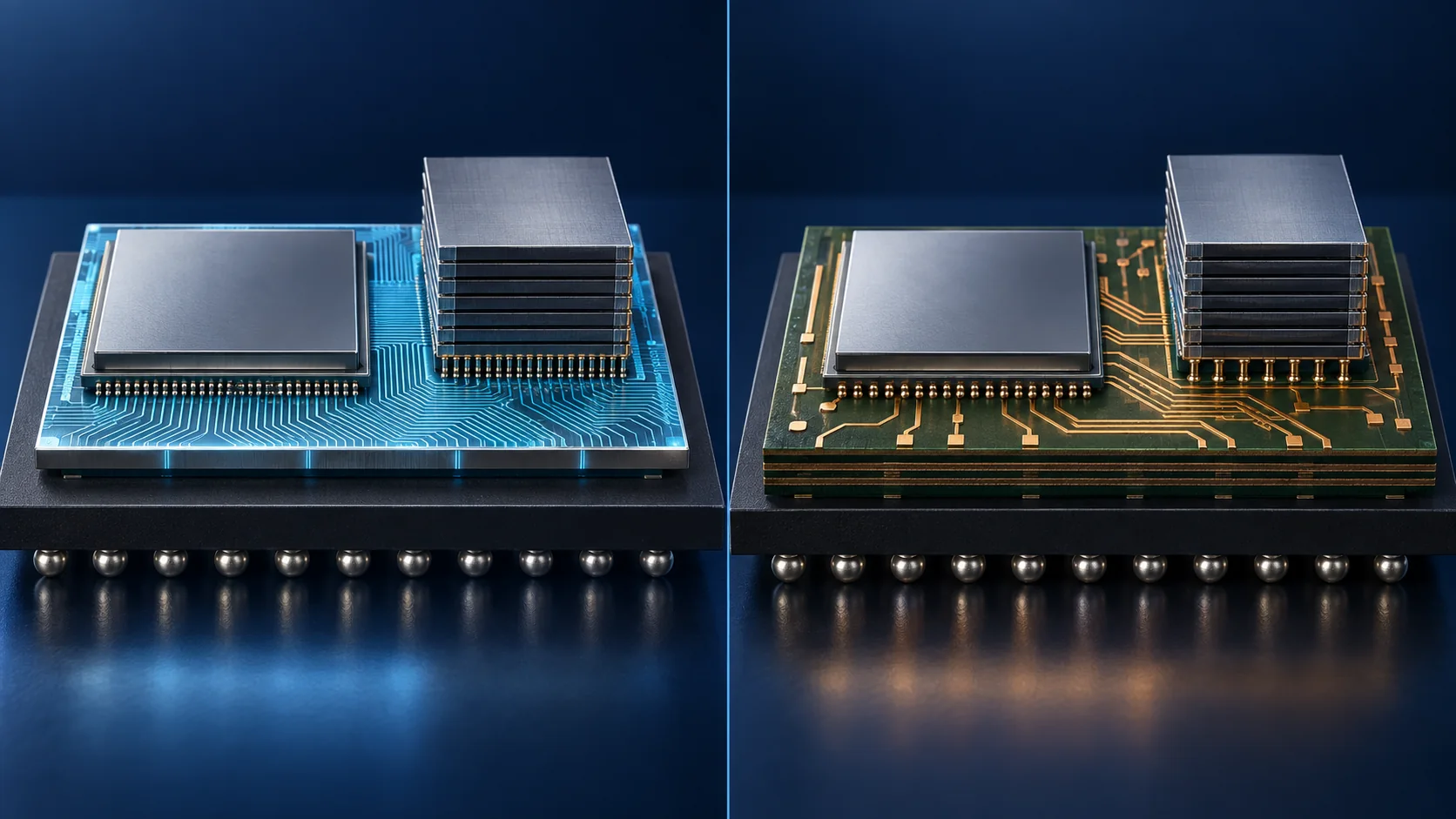 Comparison image showing a finely wired silicon interposer on the left and the same configuration mounted on a coarsely wired organic substrate on the right