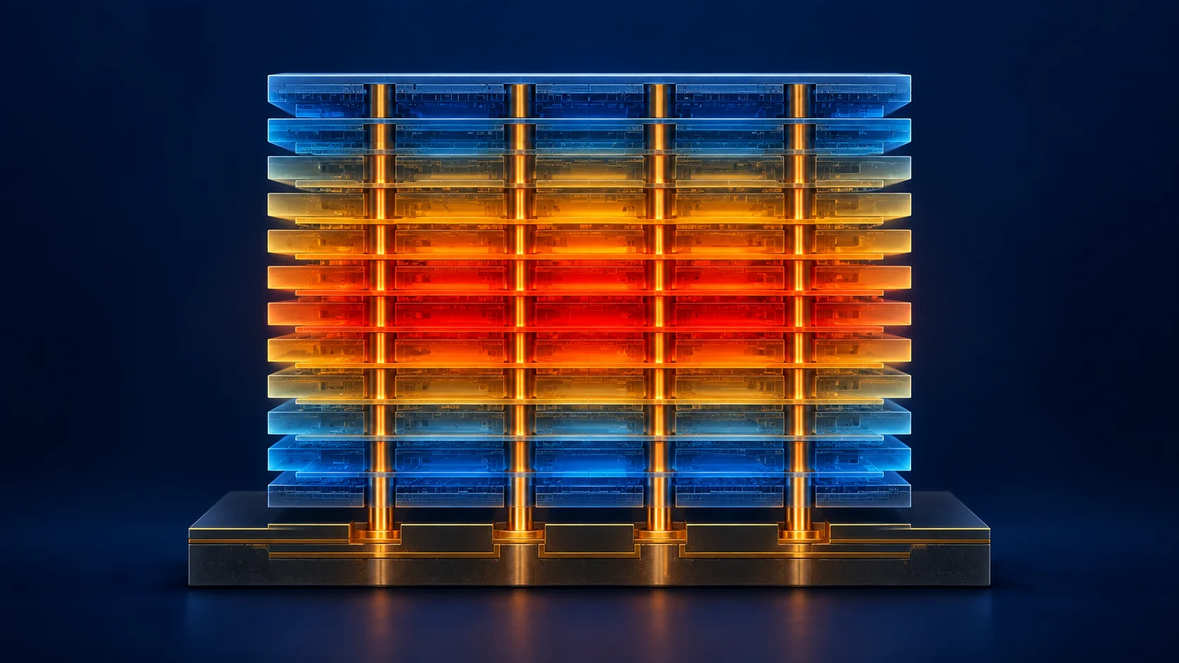 Thermal-style image showing the inner layers of a stack running hot while the through-electrodes form one of the few escape routes for heat