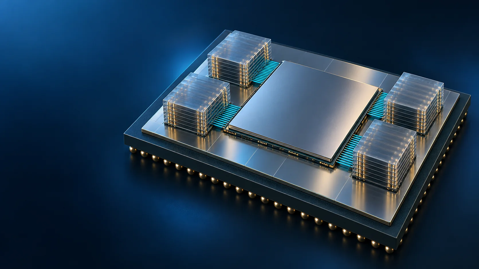 Conceptual image of a package in which several HBM stacks surround a central logic die on a silicon interposer