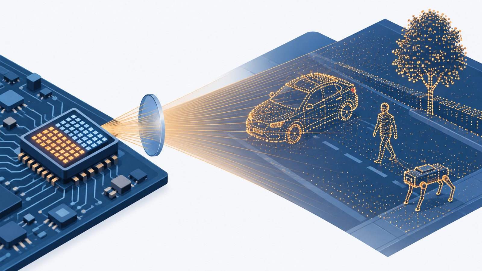 Concept diagram: light emitted from many tiny lasers and detectors arrayed on a single chip, capturing objects around a car as a cloud of points