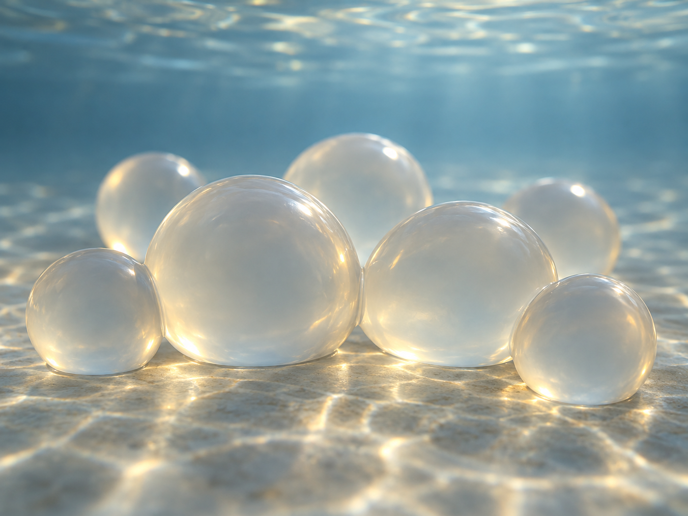 Fig. 5: small, soft, translucent gel beads floating in clear liquid