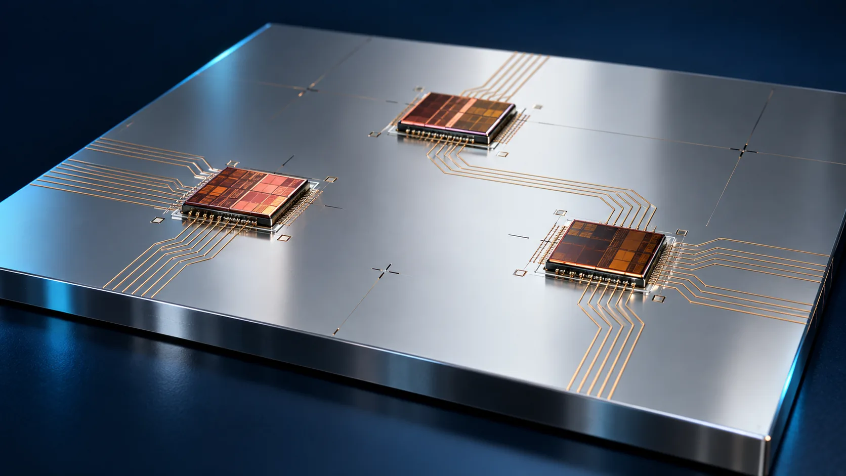 Conceptual image of small compound semiconductor dies of a different hue placed precisely on a large silicon interposer