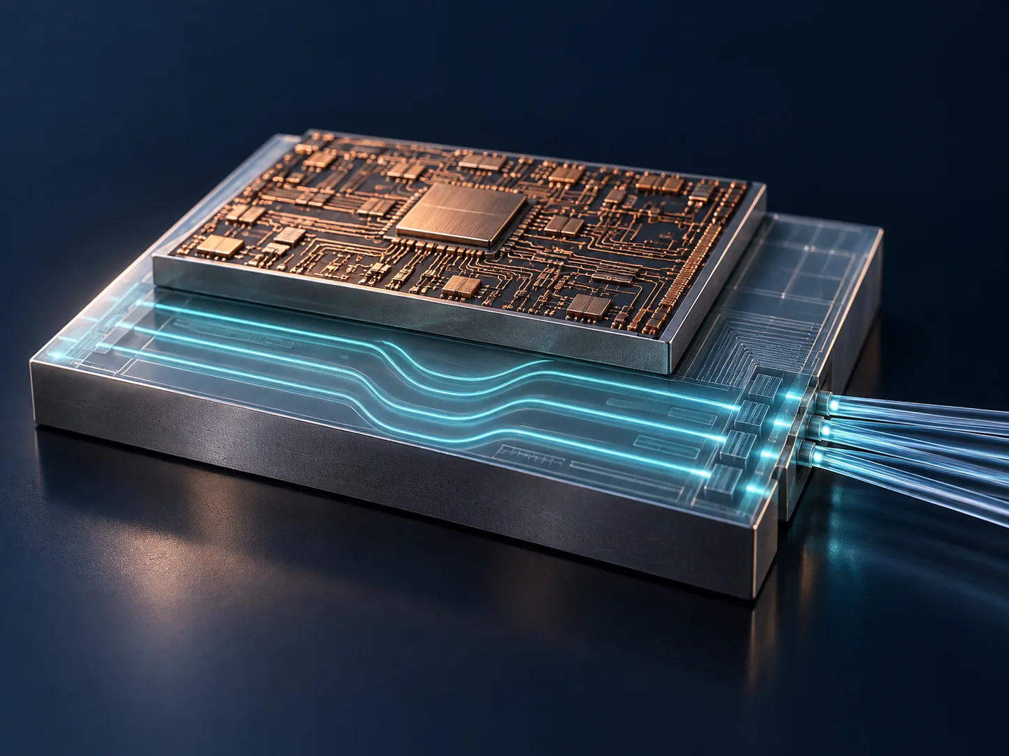 Conceptual image of an electrical die stacked on a die carrying optical waveguides, with optical fibres entering from the side