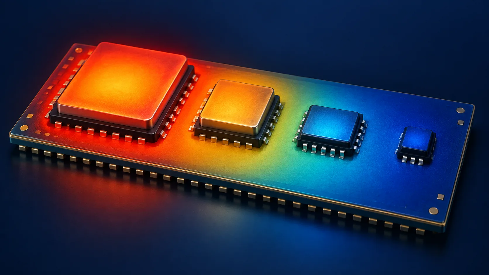 Conceptual image of a hot die and a cool die sitting next to each other on the same package, giving an uneven temperature distribution