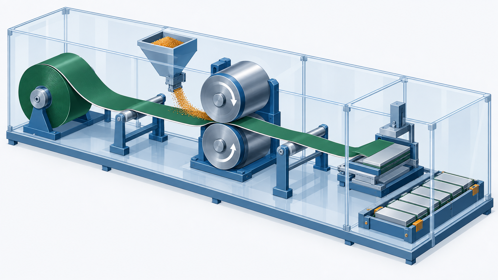 Conceptual illustration: A manufacturing line that continuously rolls and compacts solid powder, connecting it without cutting, to create a battery