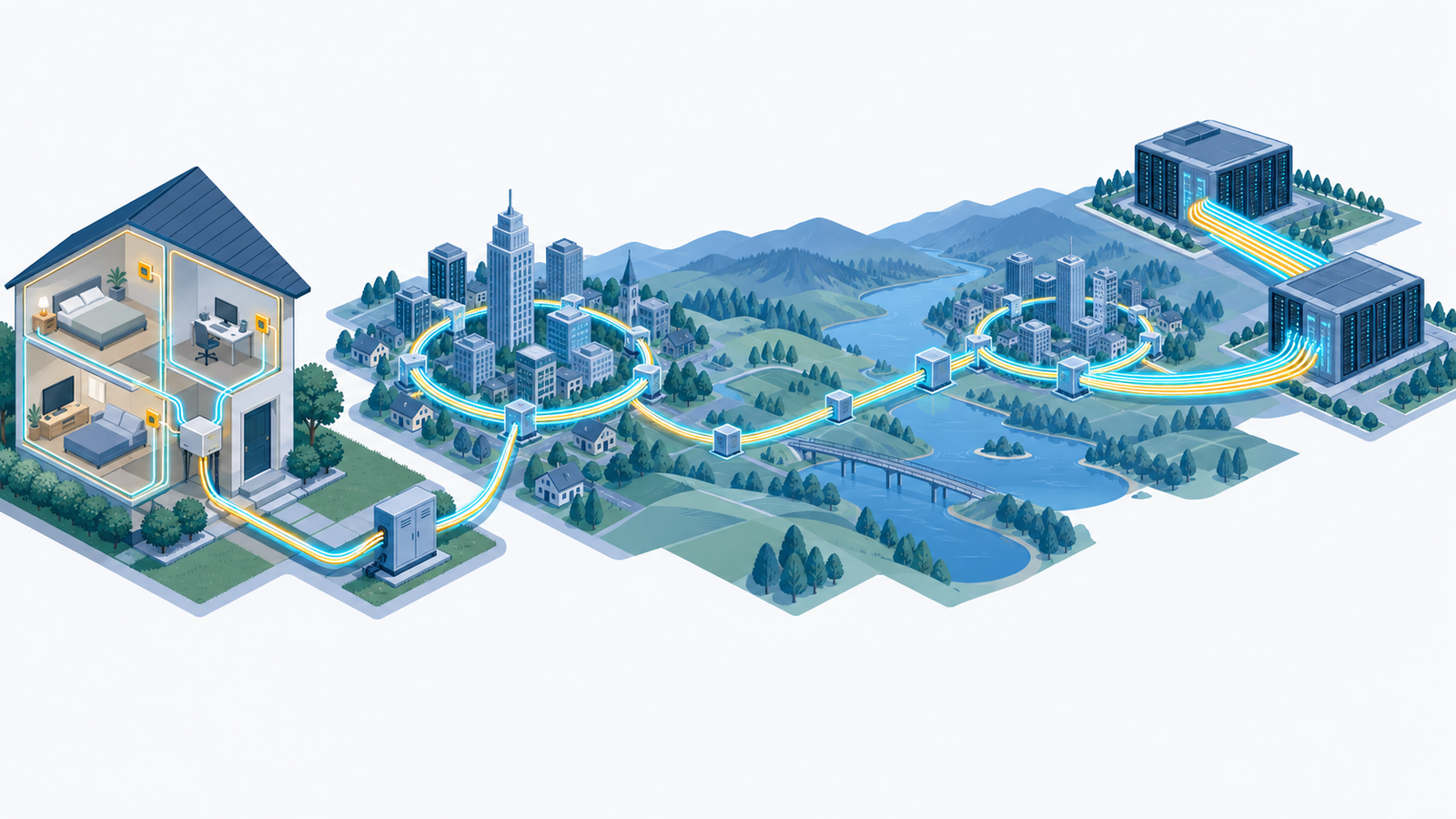 Concept diagram: a single flow of light connecting fibre in each room of a home, a city metro network, a national backbone and links between data centres